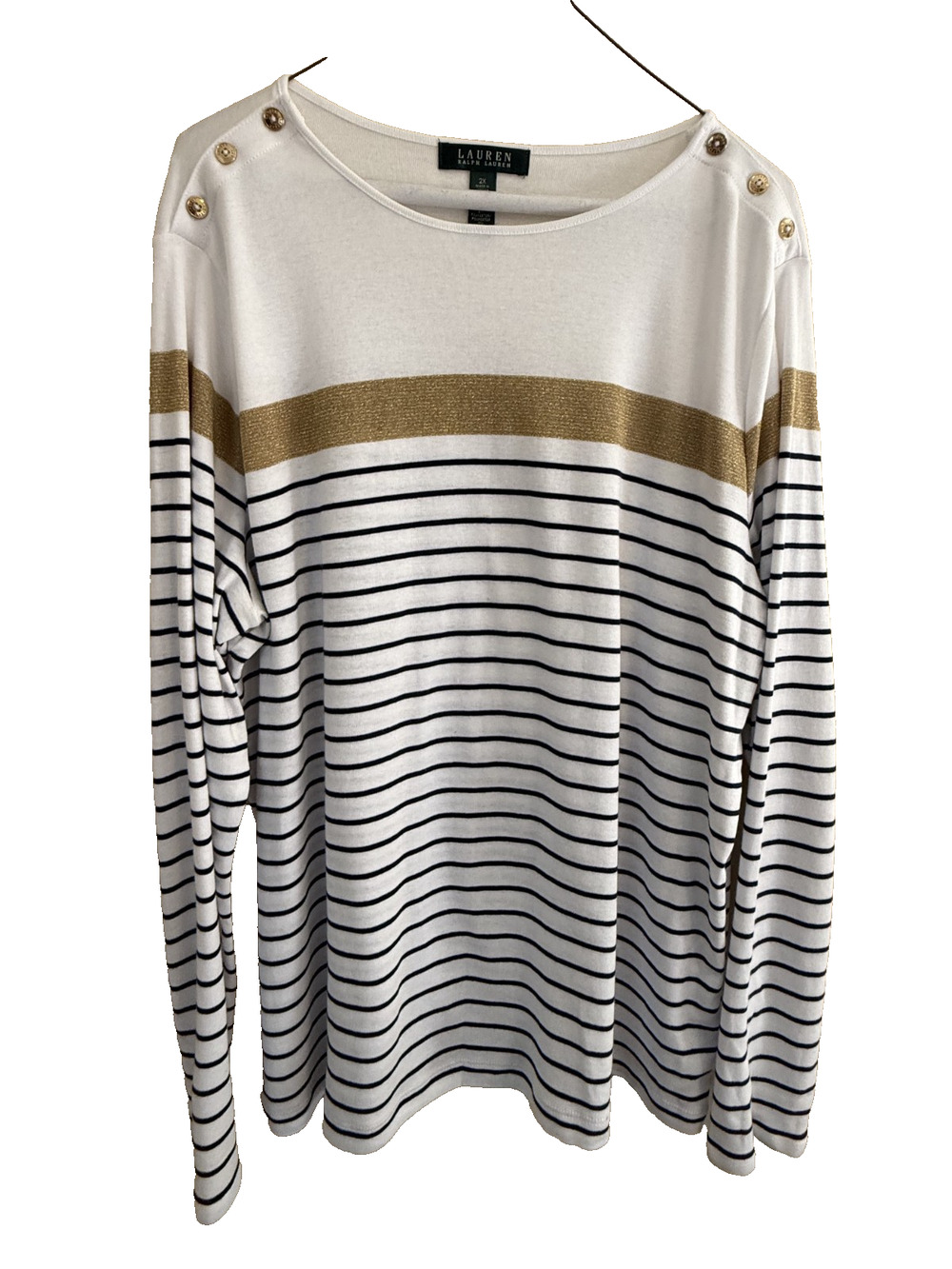 Lauren Ralph Lauren Gold Button/Navy Stripe Tee Size 2X Nautical Coastal